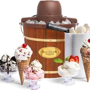 Nostalgia Electric Ice Cream Maker – Old Fashioned Soft Serve Ice Cream Machine Makes Frozen Yogurt or Gelato in Minutes – Fun Kitchen Appliance – Vintage Wooden Style – Dark Wood – 4 Quart